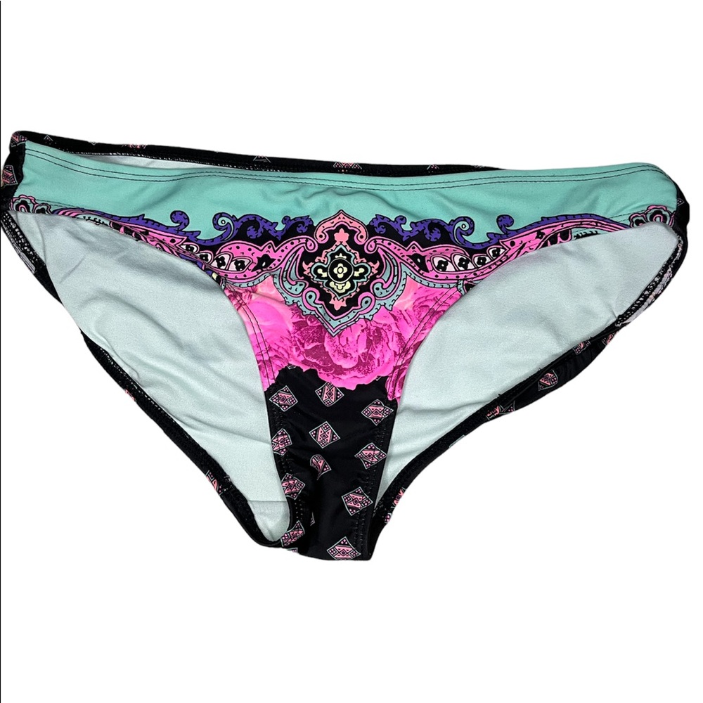 OP bikini bottoms woman’s size med. black and hot pink print gathered bottom